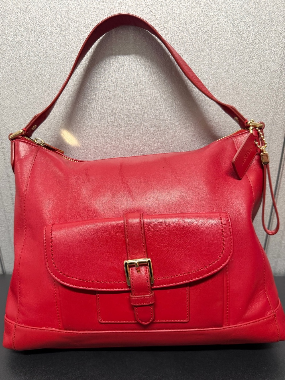 Coach Red Leather Flap Pocket Hobo Shoulder Bag 57133E